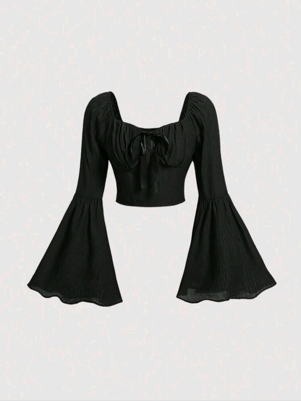 SHEIN Black Long Sleeve Crop Top with Front Ribbon